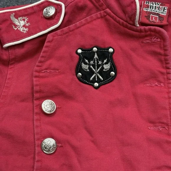 Raw Blue Military Jacket Large Red Embroidered Patch Button Coat - Picture 5 of 16